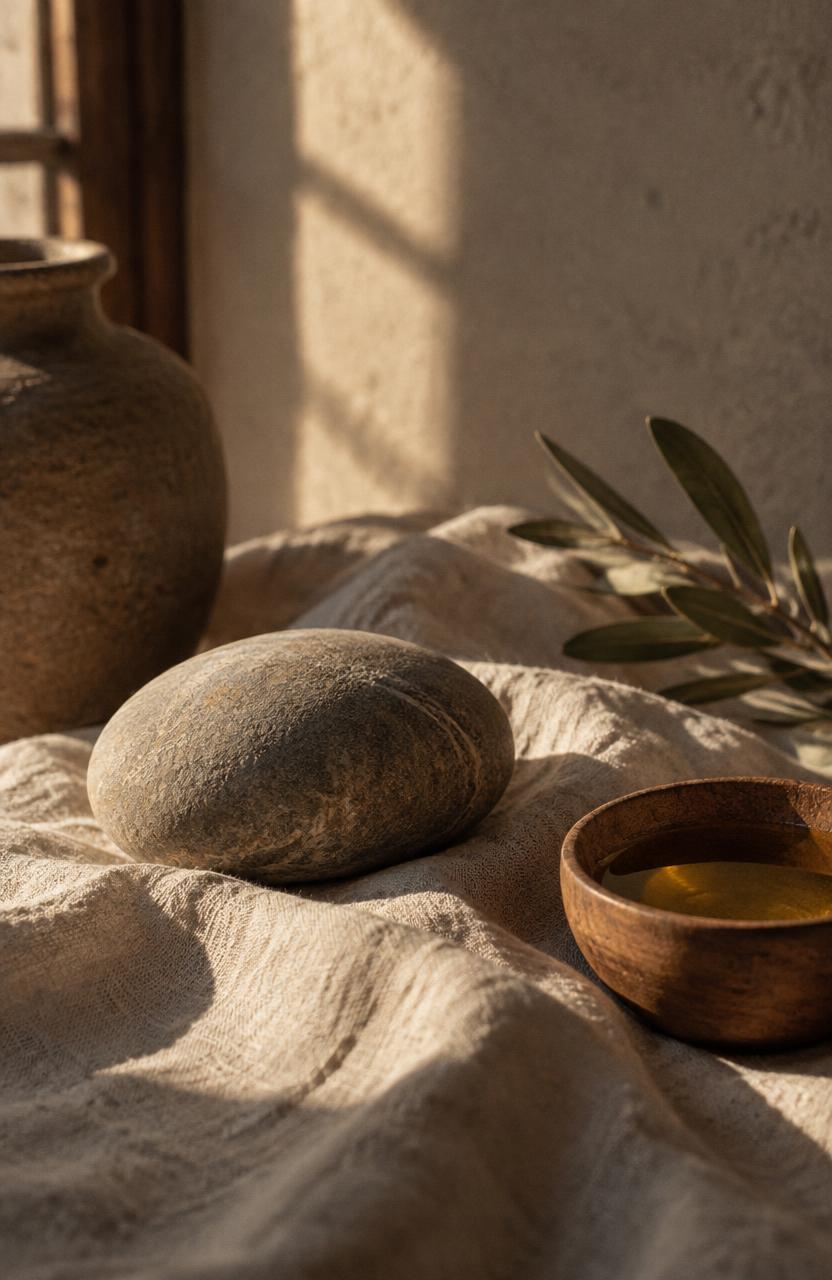 a smooth stone on linen beside a wooden bowl of oil